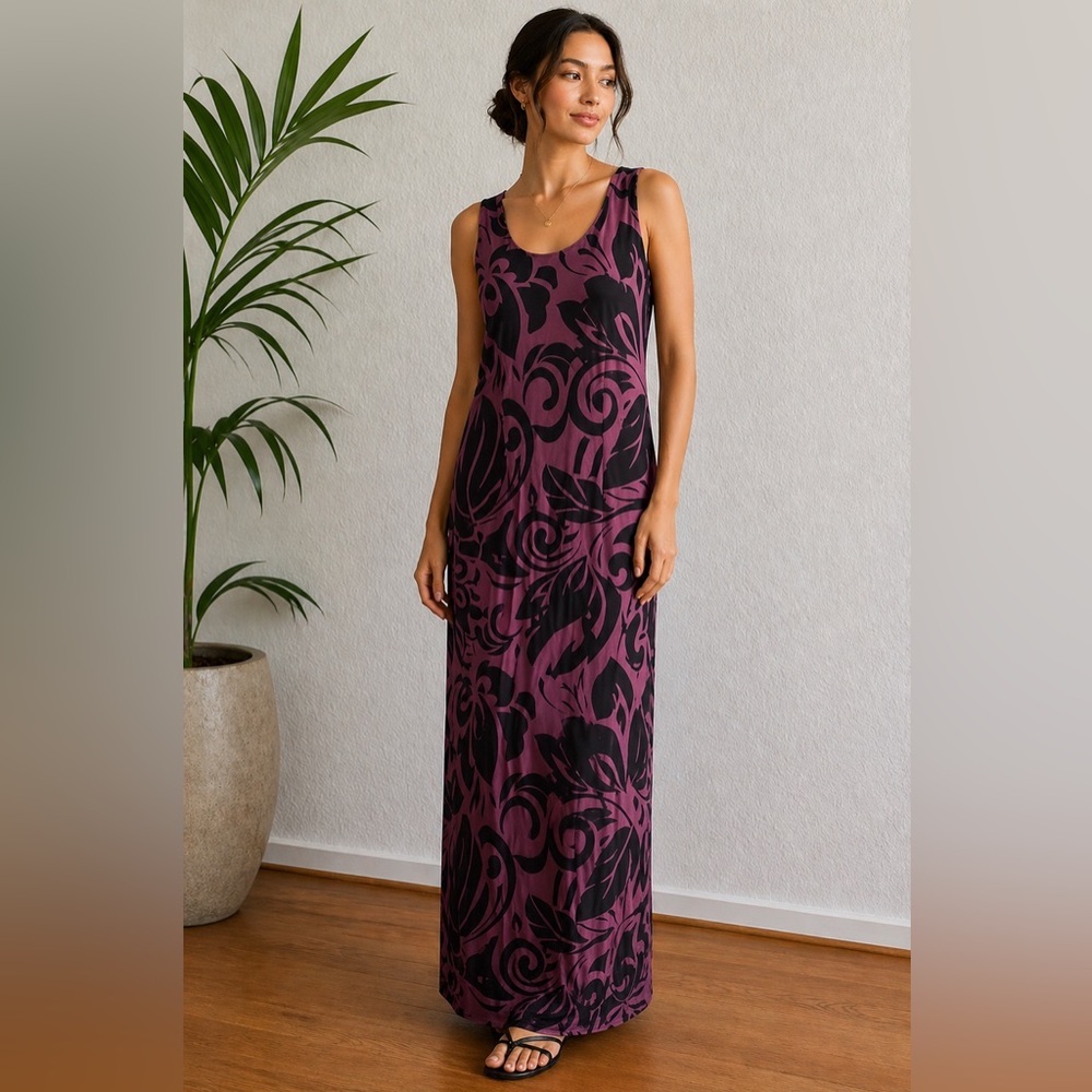 Iolani Hawaii Dress Small Grape Purple Black Tropical Maxi Midi Sleeveless